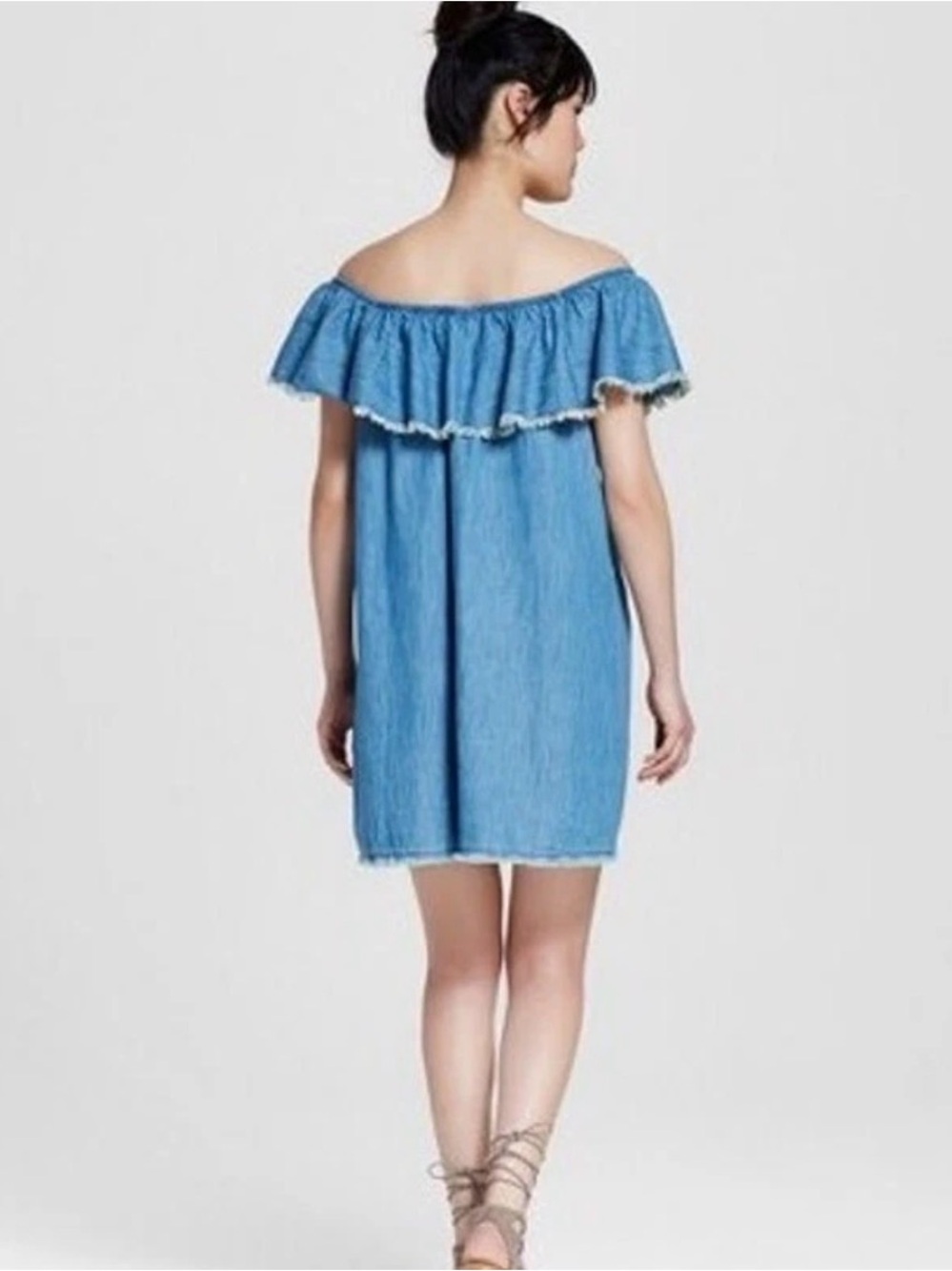 Mossimo Supply Chambray Blue Dress Ruffle Neck Fringe Hem On/Off Shoulder MED